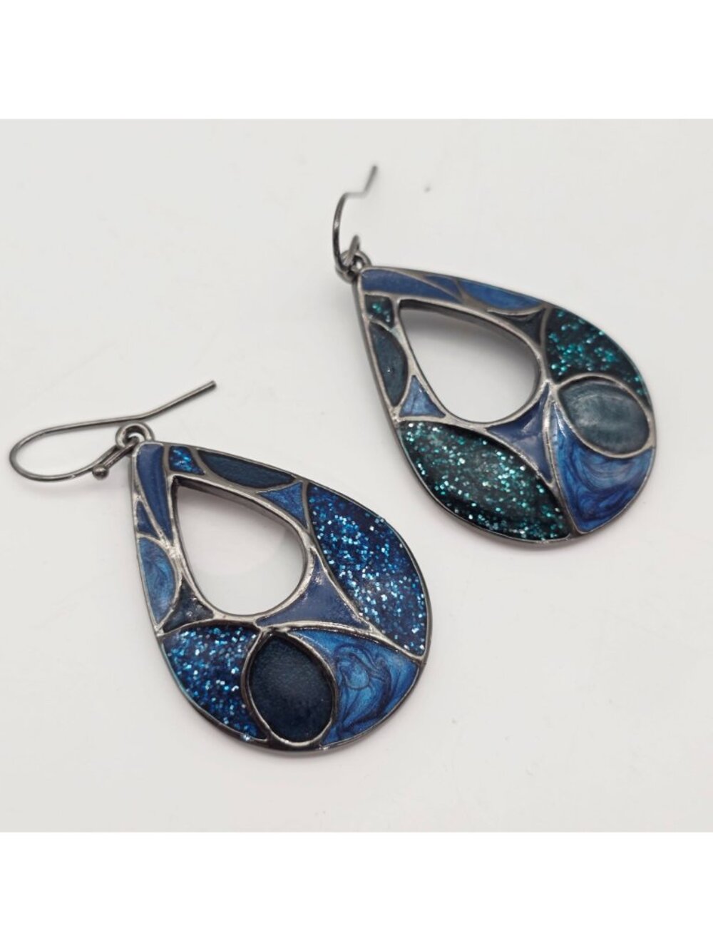 Teardrop Dangle Earrings With Blue & Green Enamel Glitter Mosaic Design - Picture 4 of 5